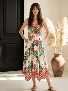 Vince Camuto Cream Midi Dress with Red Floral & Green Leaf Print